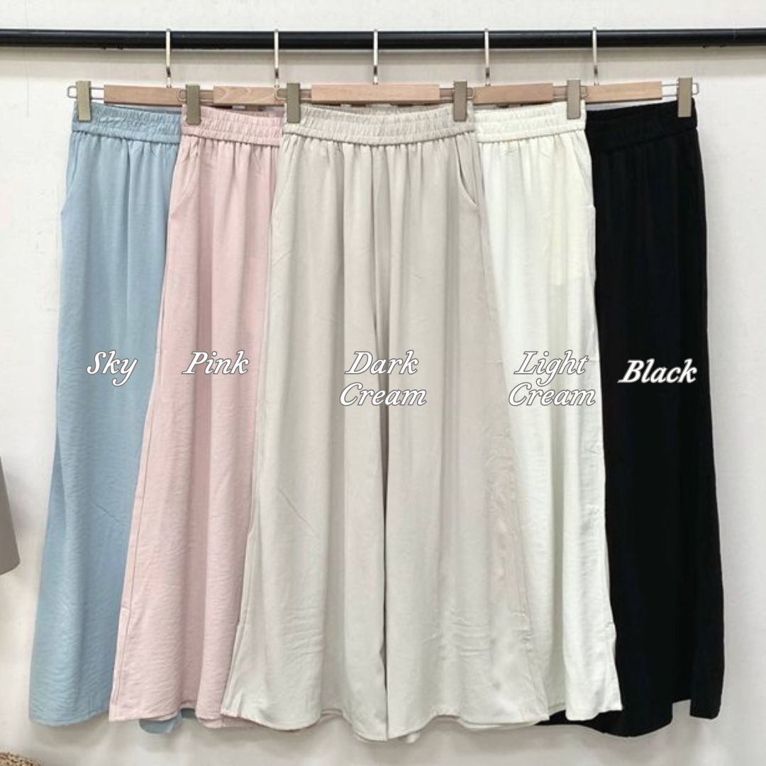 Ariana Palazzo Pants displayed in multiple colours including Sky, Pink, Dark Cream, Light Cream and Black for modest fashion styling