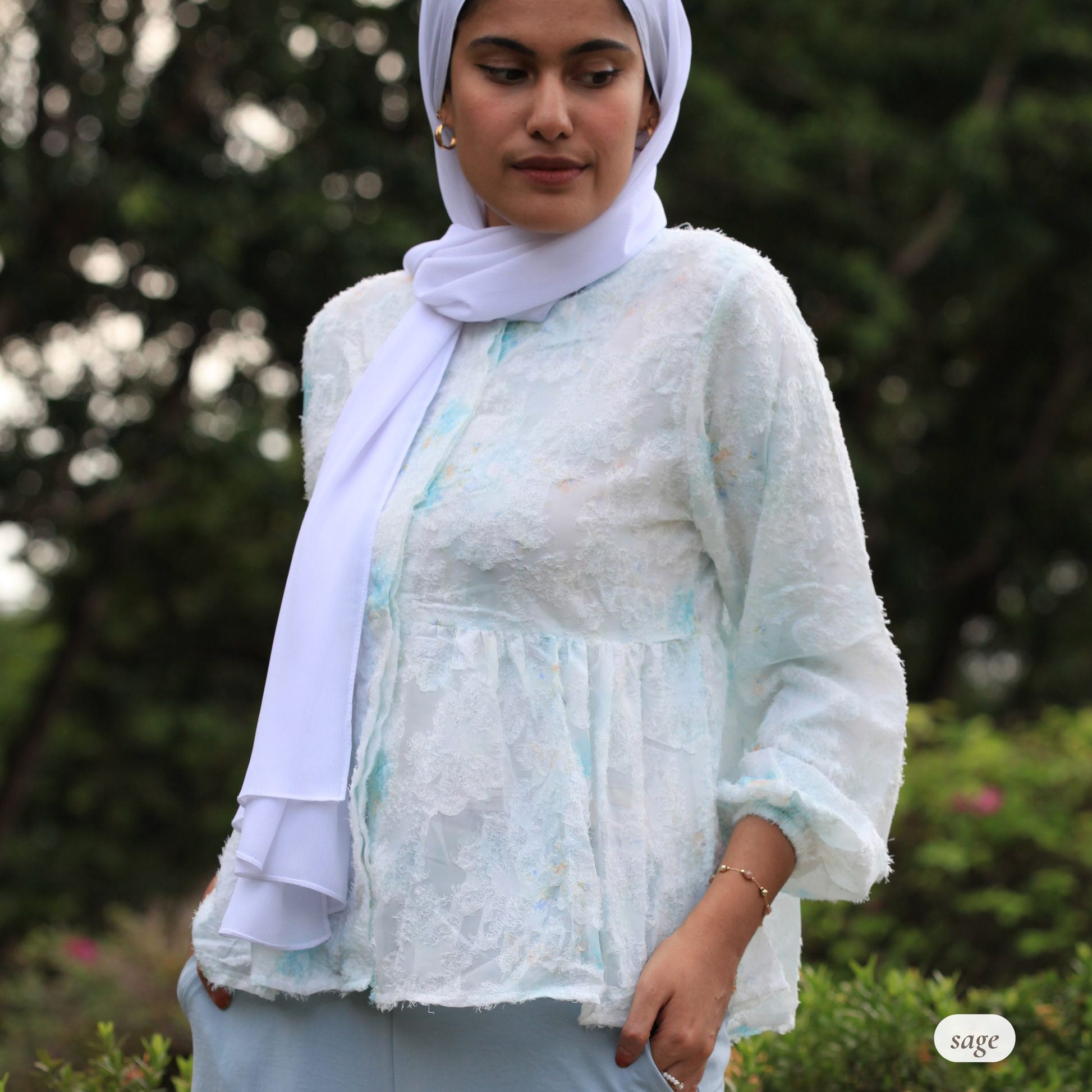 Willow Waltz blouse by Dreamers’ Side – modest hijabi babydoll blouse with soft jacquard textured fabric, dreamy ombré pastel colours, and elegant vintage-inspired silhouette for modest fashion styling