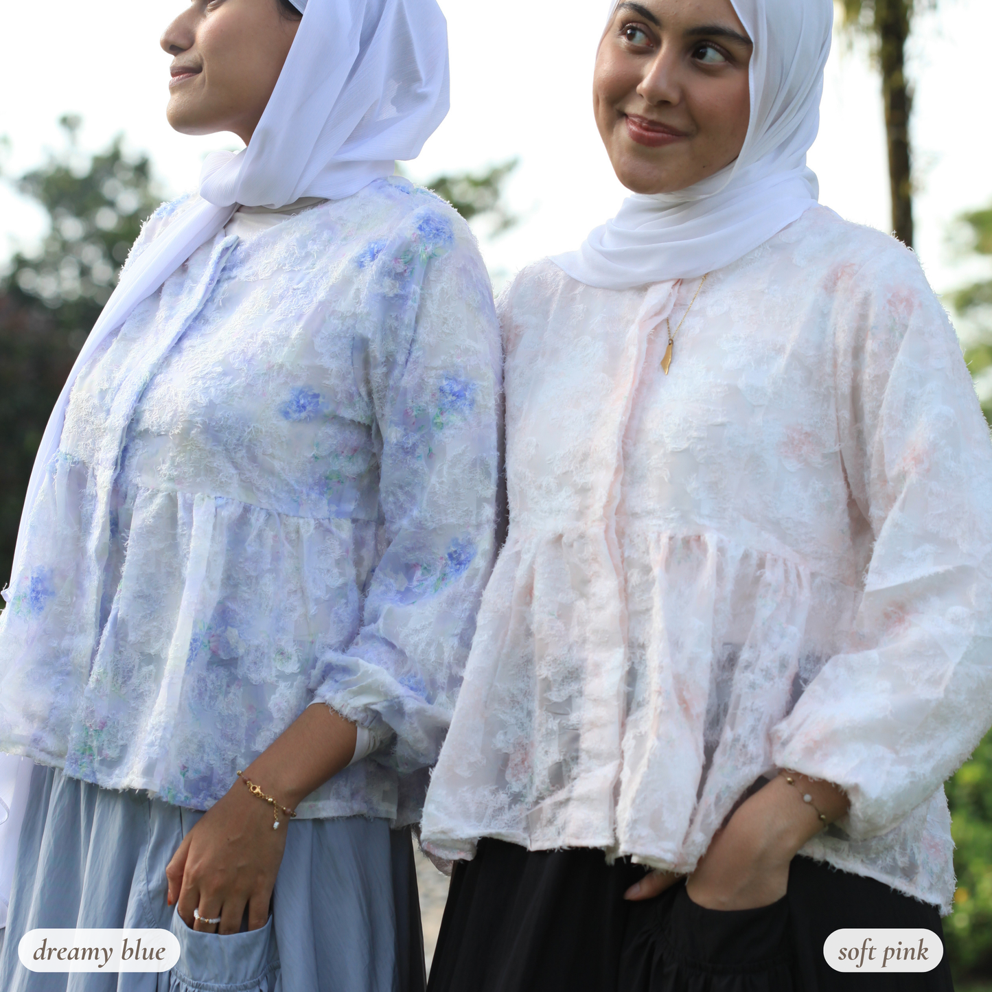 Willow Waltz blouse by Dreamers’ Side – modest hijabi babydoll blouse with soft jacquard textured fabric, dreamy ombré pastel colours, and elegant vintage-inspired silhouette for modest fashion styling