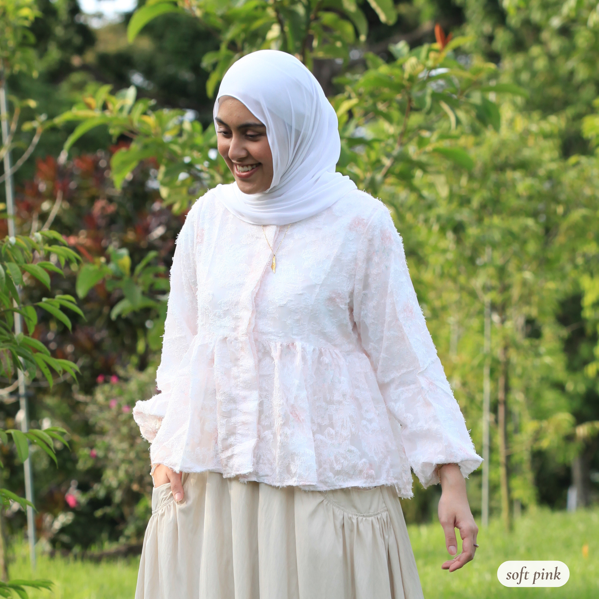 Willow Waltz blouse by Dreamers’ Side – modest hijabi babydoll blouse with soft jacquard textured fabric, dreamy ombré pastel colours, and elegant vintage-inspired silhouette for modest fashion styling