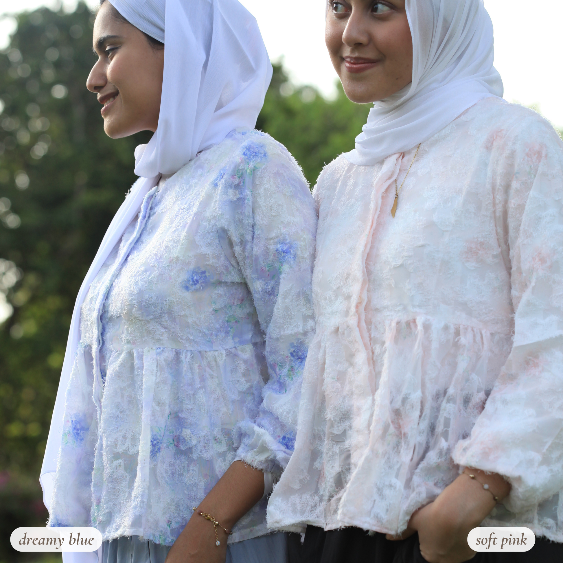 Hijabi model wearing Willow Waltz modest blouse by Dreamers’ Side, featuring ethereal flowy silhouette, soft pastel ombré tones, and elegant modest fashion styling for everyday wear