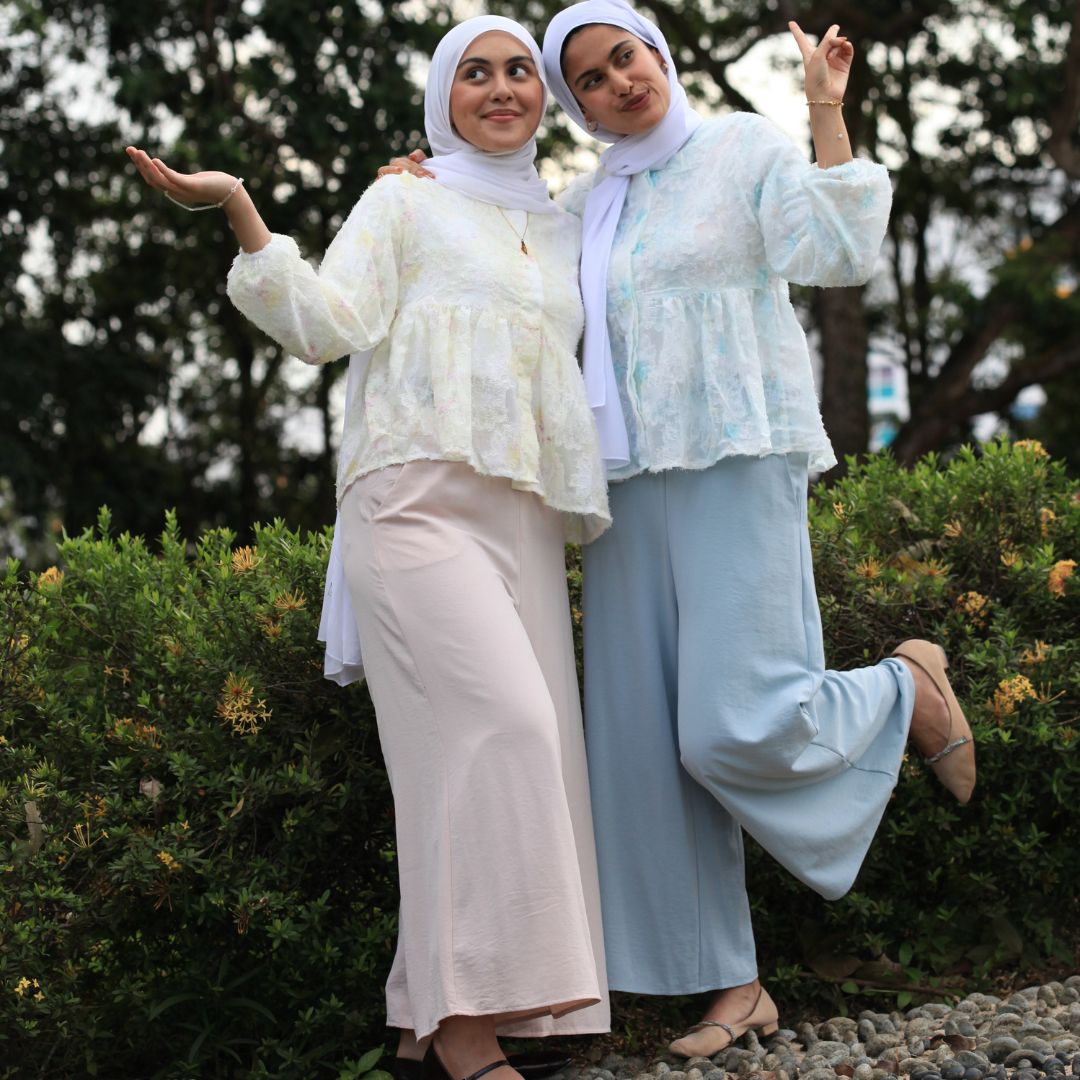 Ariana Palazzo Pants by Dreamers’ Side, modest flowy wide-leg hijabi pants with soft drape and stretch waistband in lightweight fabric.