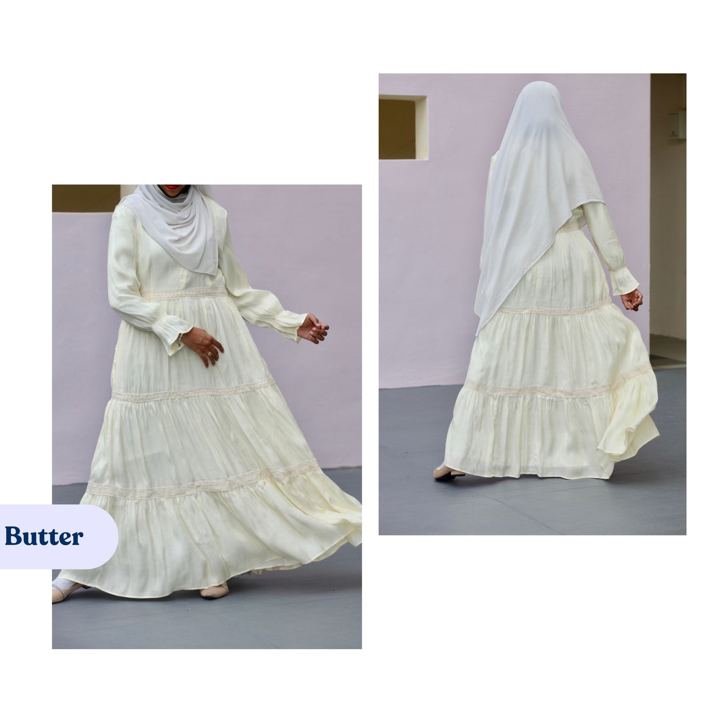 Modest hijab friendly formal dress with tiered layers lace detail and elegant vintage inspired design
Elegant pastel maxi dress with side pockets lightweight breathable modest dress for special occasions