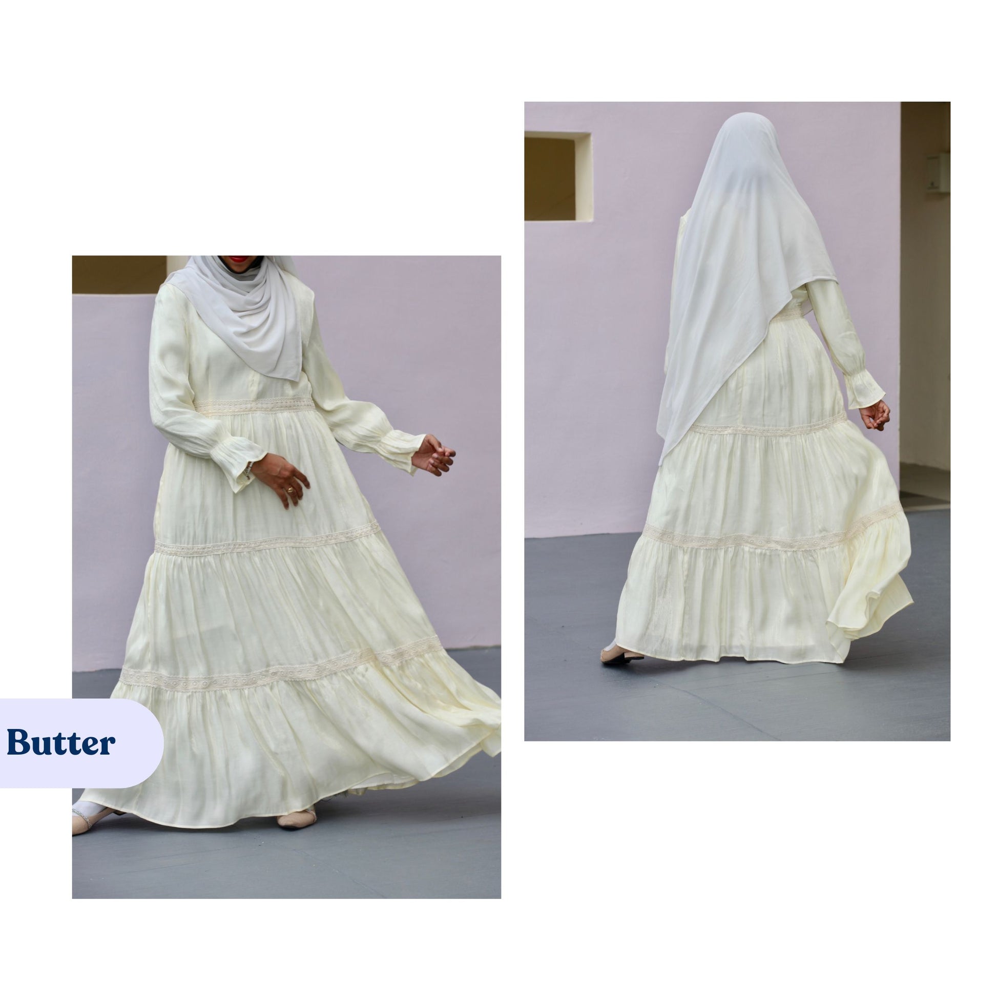 Modest hijab friendly formal dress with tiered layers lace detail and elegant vintage inspired design
Elegant pastel maxi dress with side pockets lightweight breathable modest dress for special occasions