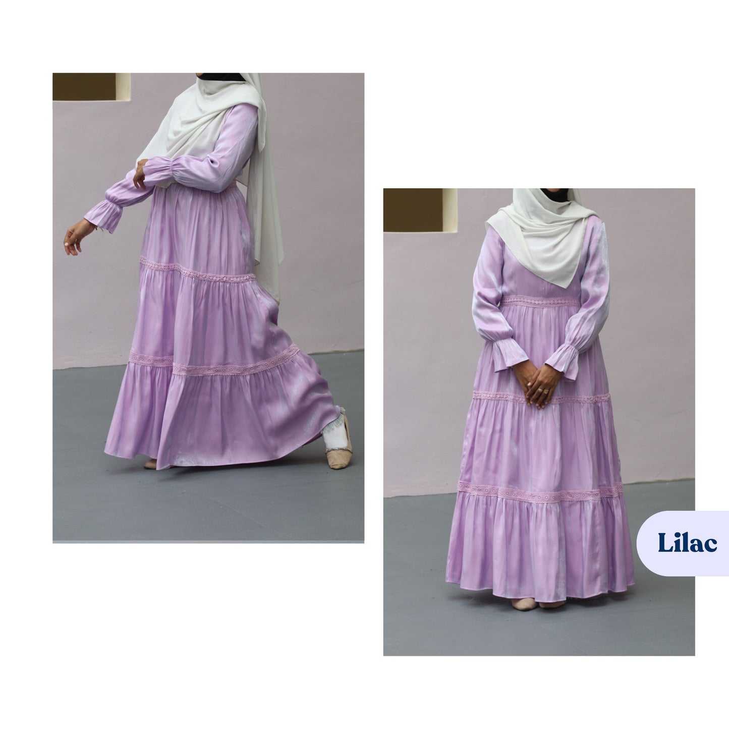 Elegant tiered long dress with flared sleeves romantic modest fashion dress for wedding and events
Full length Bella dress soft flowing fabric pastel modest dress with feminine silhouette and lining