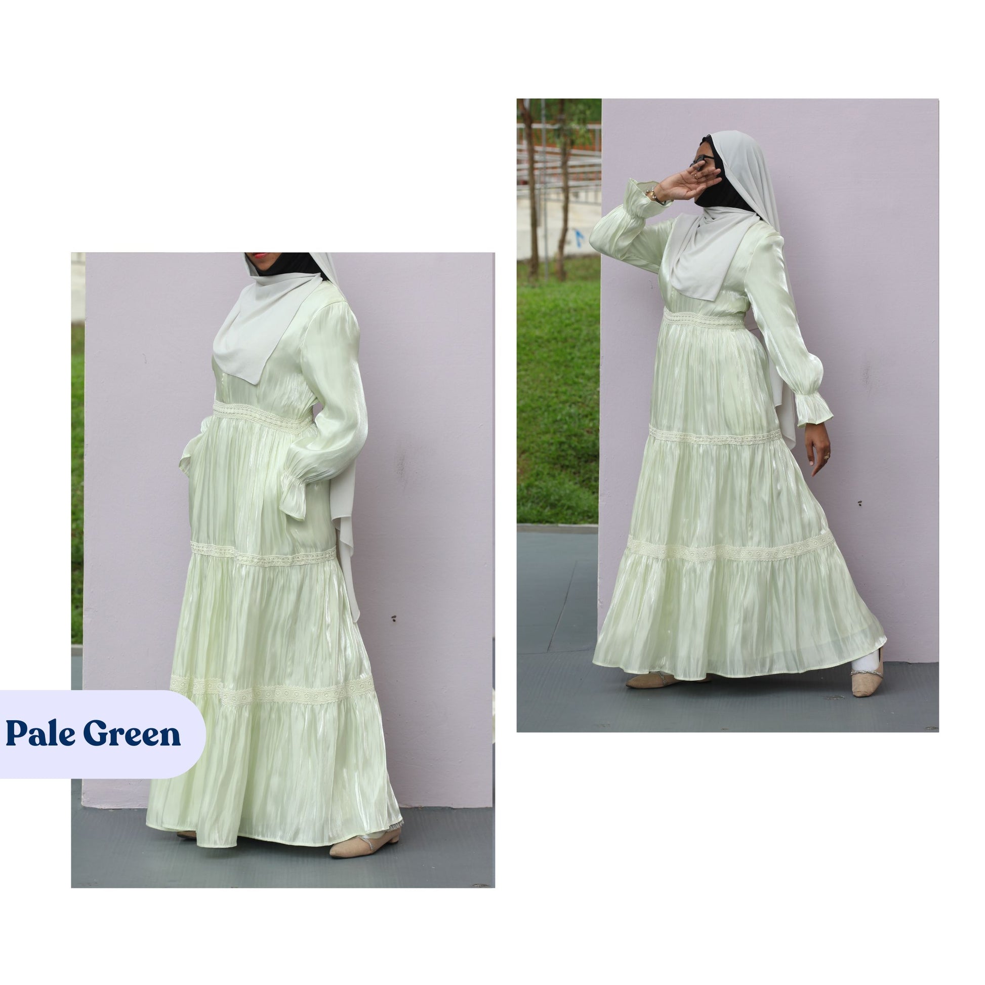 Modest hijab friendly formal dress with tiered layers lace detail and elegant vintage inspired design
Elegant pastel maxi dress with side pockets lightweight breathable modest dress for special occasions