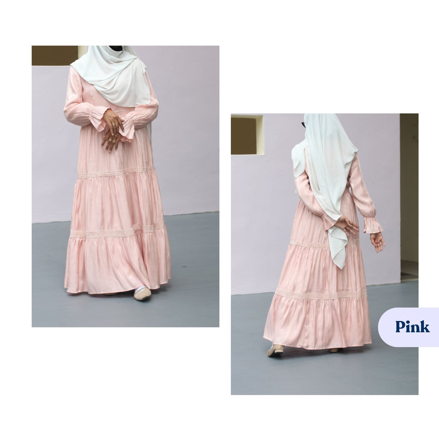 Elegant tiered long dress with flared sleeves romantic modest fashion dress for wedding and events
Full length Bella dress soft flowing fabric pastel modest dress with feminine silhouette and lining