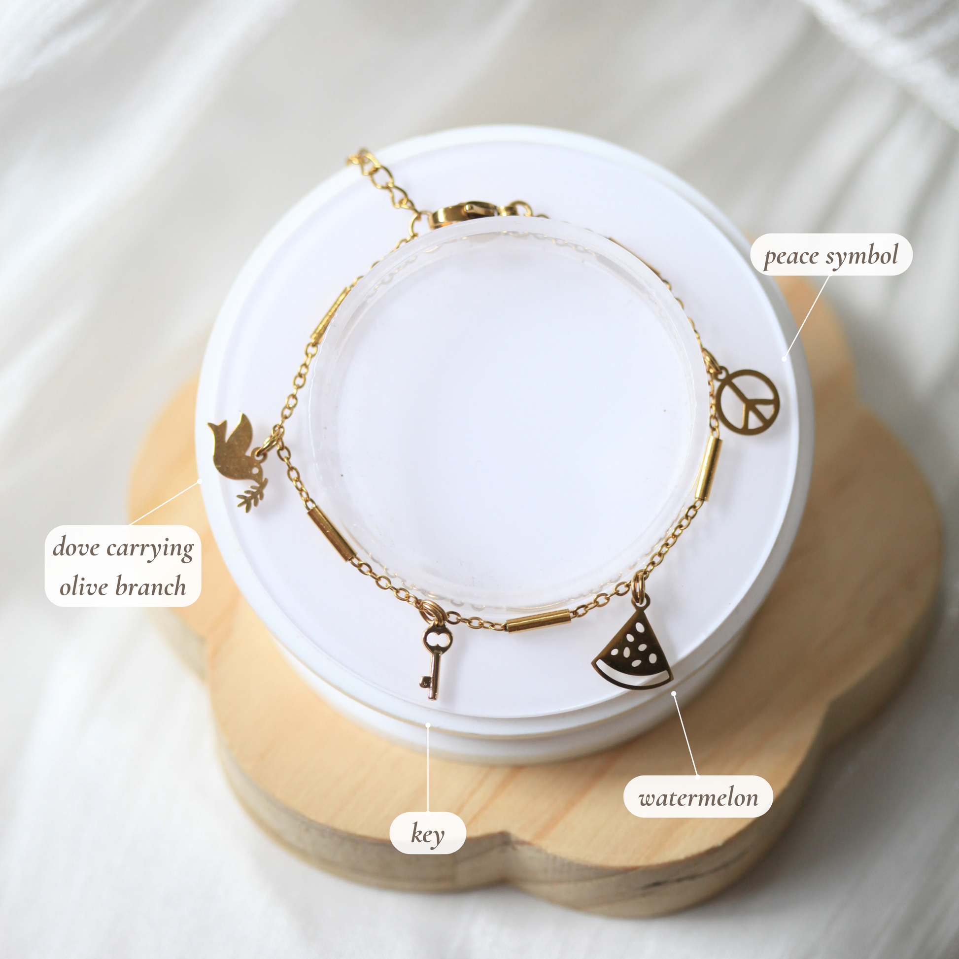 Gold bracelet with various charms on a white stand, labeled with their names.