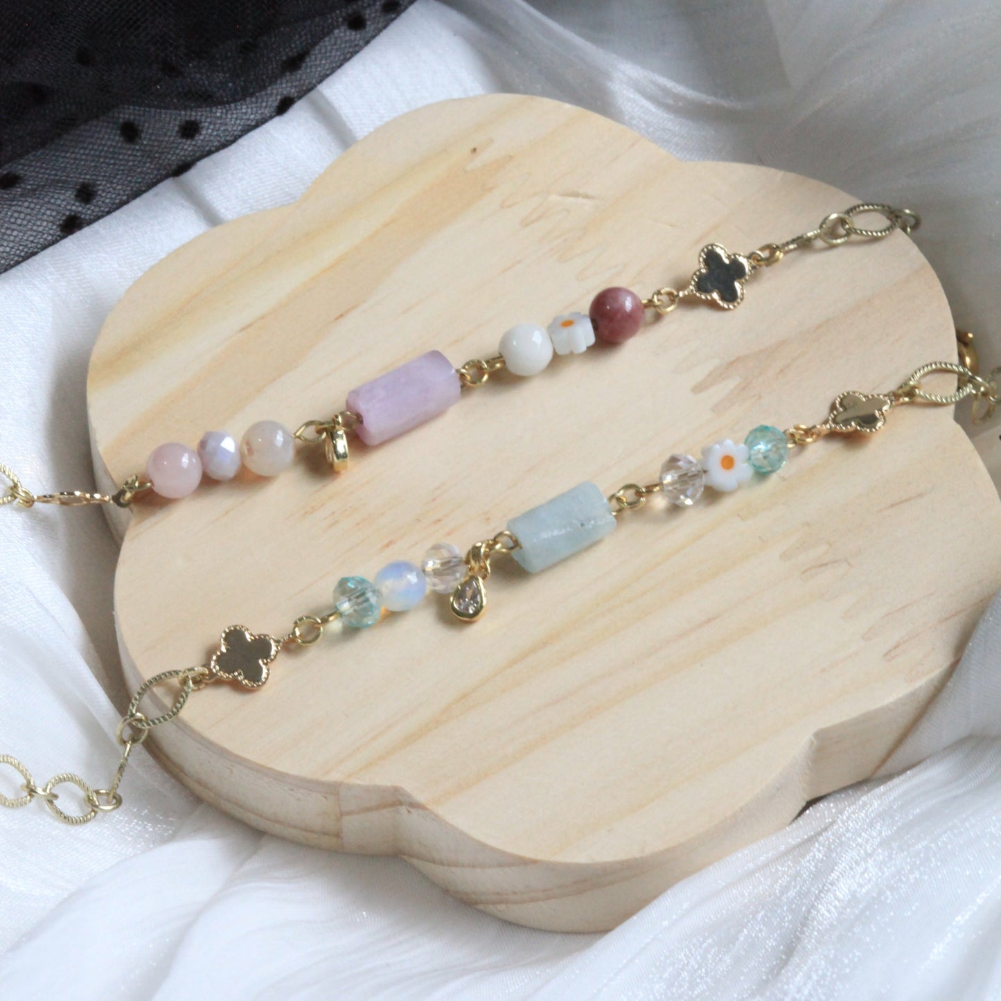 Hushed Horizons bracelet by Dreamers’ Side with pastel natural stones, soft glass beads, and gold-plated details, a delicate modest jewellery piece for everyday wear