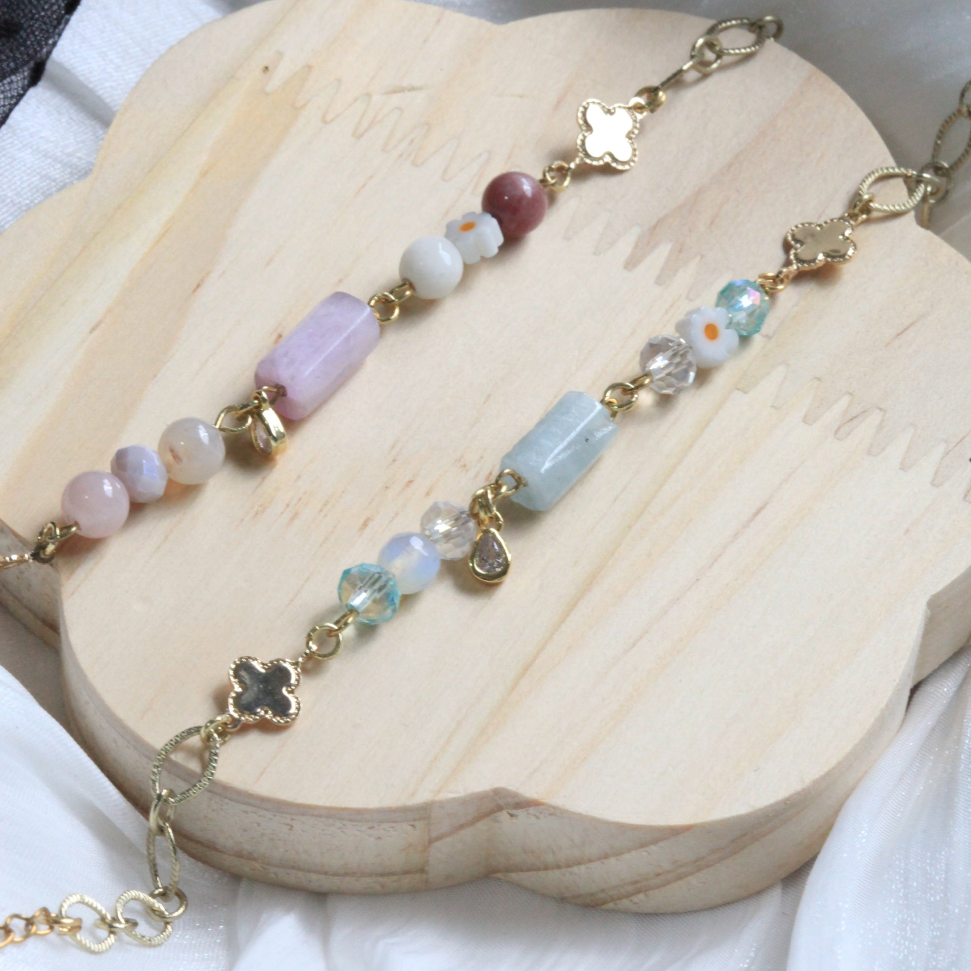 Hushed Horizons bracelet by Dreamers’ Side with pastel natural stones, soft glass beads, and gold-plated details, a delicate modest jewellery piece for everyday wear