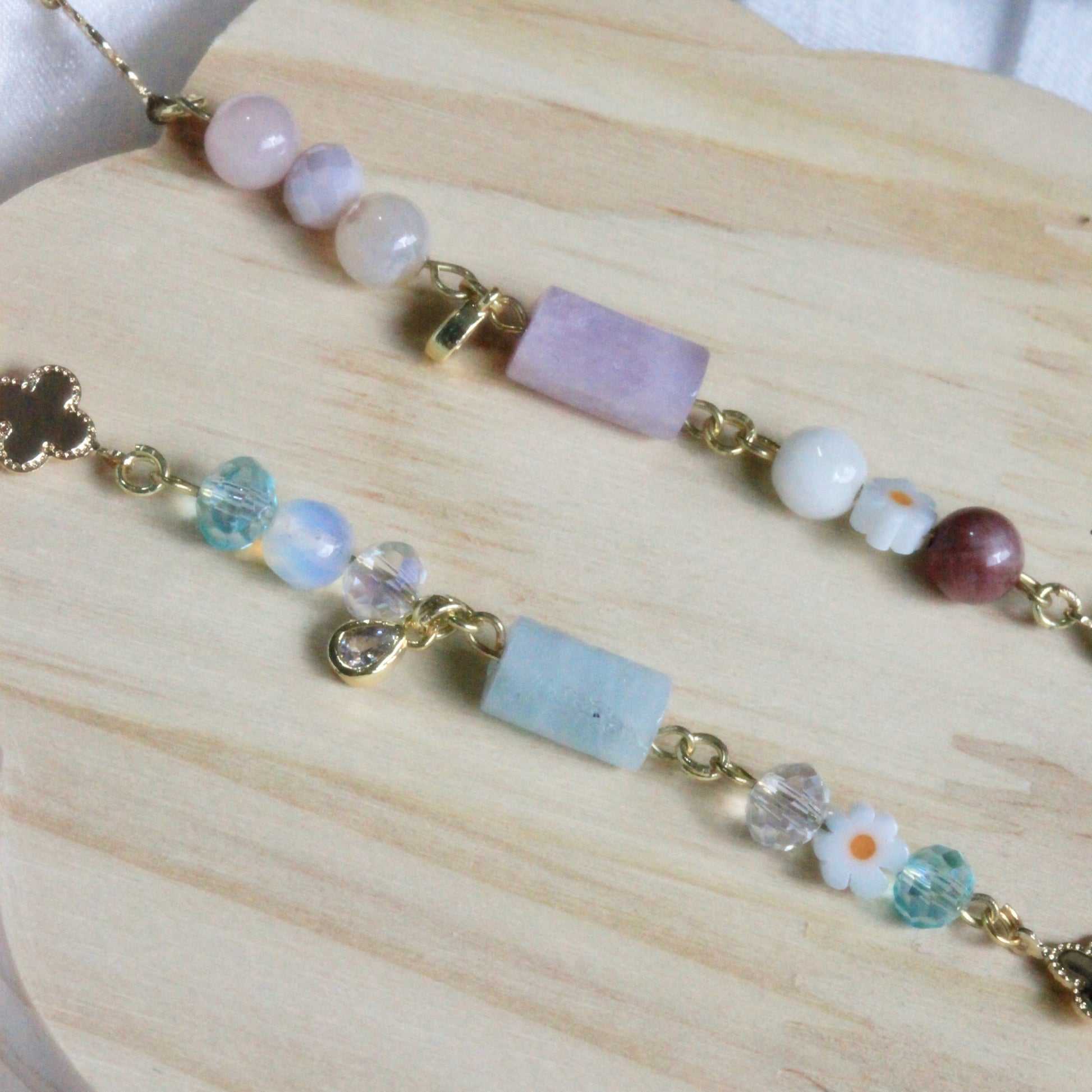 Close-up of Hushed Horizons bracelet showing pastel bead gradients, natural stones, and gold-plated accents in soft feminine tones