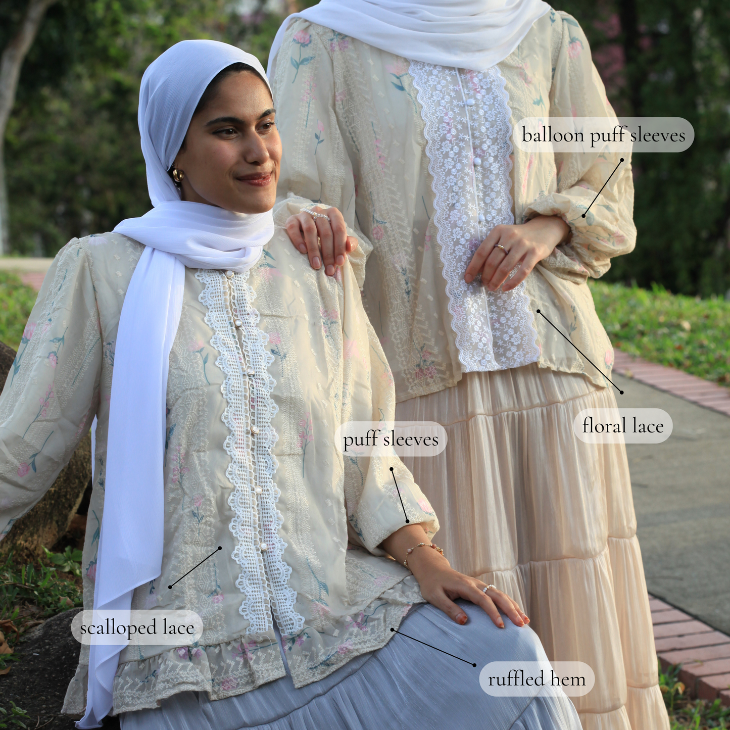 Hijabi model wearing Rosemary Verse blouse, a modest elegant top with floral textures and soft puff sleeves designed for graceful everyday and modest fashion styling