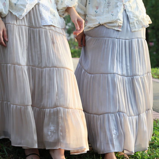 Scintilla Skirt by Dreamers’ Side – modest hijabi flowy skirt with soft shimmer fabric and delicate four-point star embroidery detail