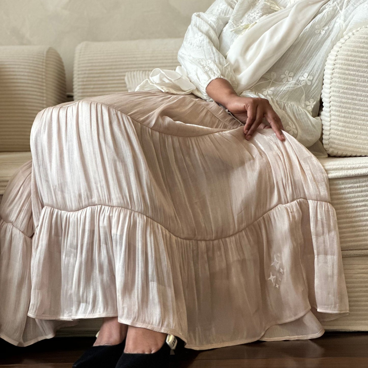 Scintilla Skirt by Dreamers’ Side in Champagne beige – modest hijabi flowy skirt with soft shimmer fabric and delicate star embroidery detail