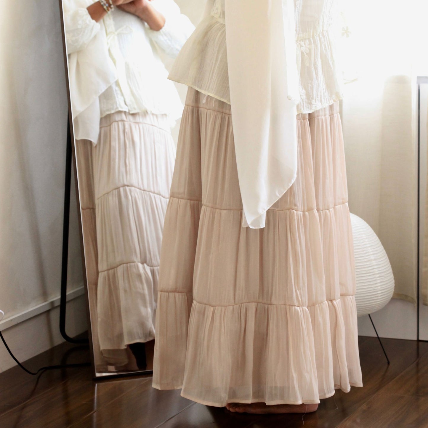 Scintilla Skirt by Dreamers’ Side in Champagne Beige – modest hijabi flowy skirt with soft shimmer fabric and delicate star embroidery detail