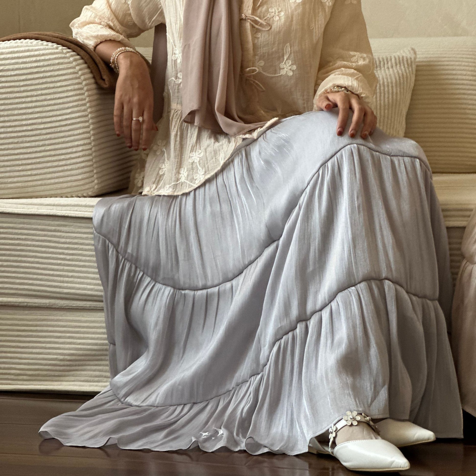 Scintilla Skirt by Dreamers’ Side in Silver Haze – modest hijabi flowy skirt with soft shimmer fabric and delicate star embroidery detail
