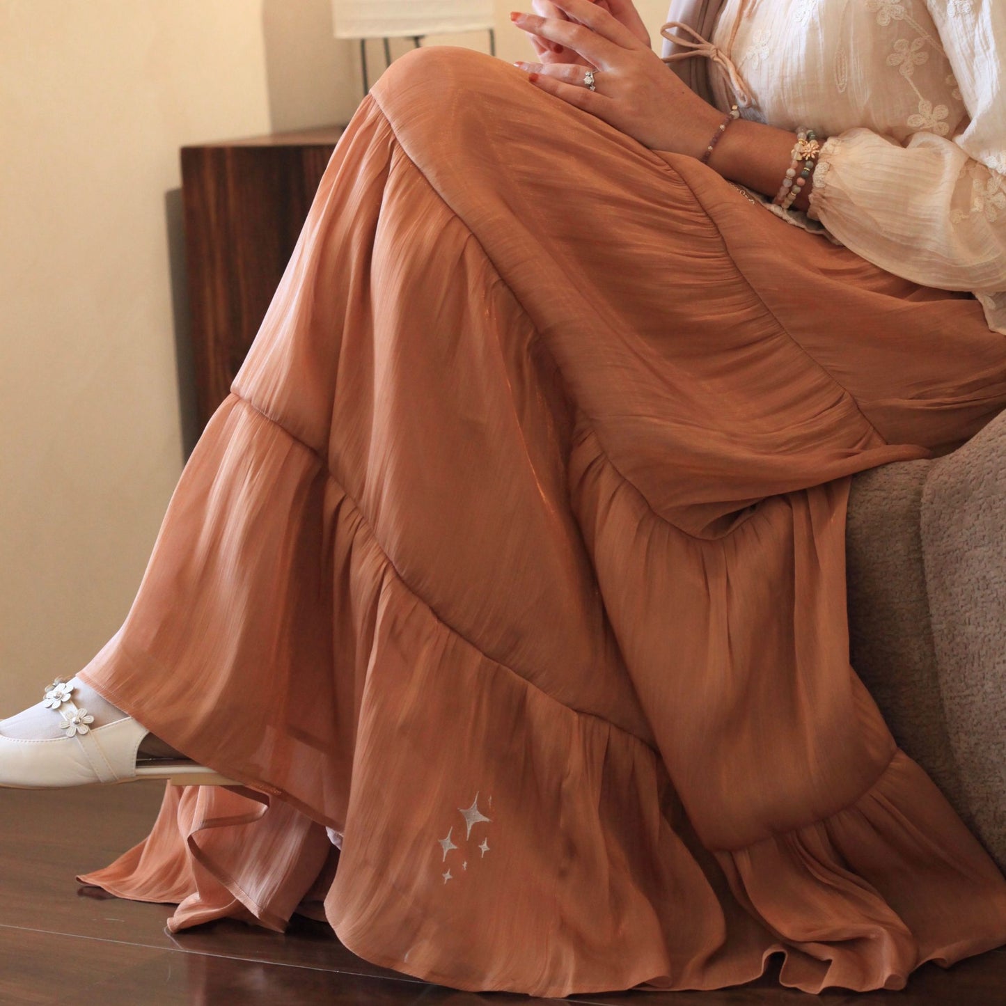 Scintilla Skirt by Dreamers’ Side in Terracotta, modest hijabi flowy skirt with soft shimmer fabric and delicate star embroidery detail
