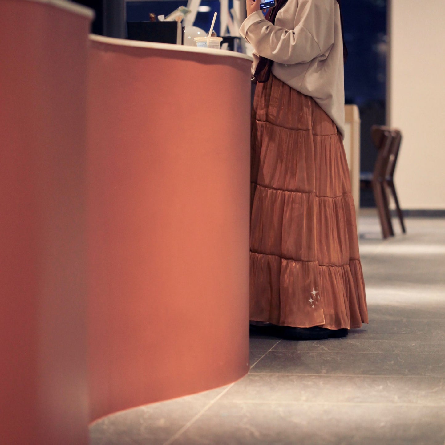 Scintilla Skirt Terracotta – modest flowy hijabi skirt with shimmer fabric and embroidery detail