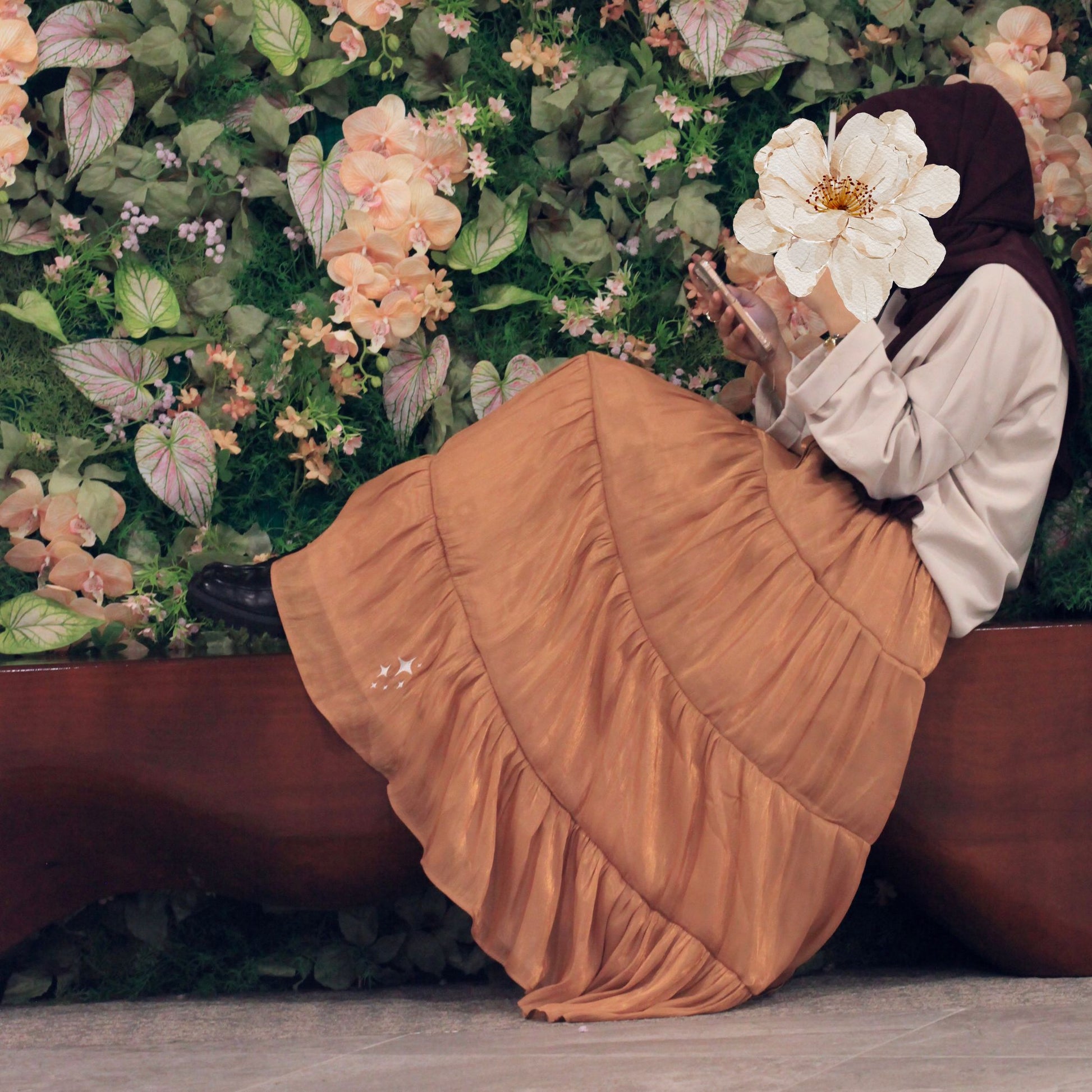 Scintilla Skirt Terracotta – modest flowy hijabi skirt with shimmer fabric and embroidery detail