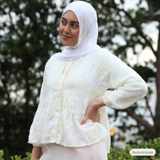 Hijabi model wearing Willow Waltz blouse, a modest ethereal babydoll top with soft vintage-inspired silhouette and elegant drape